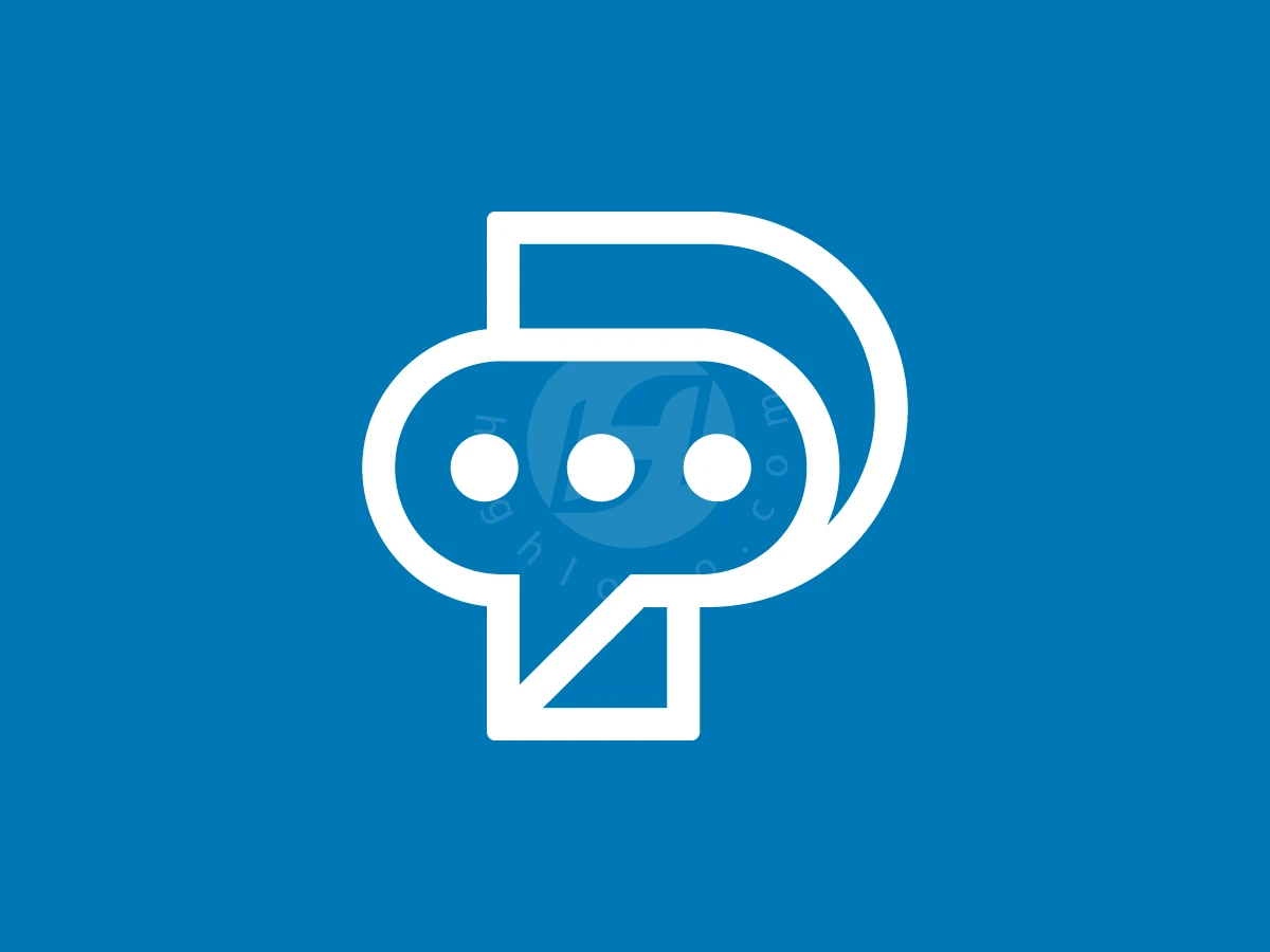 Letter P With Bubble Chat Logo, Combining a speech bubble with the letter P, white outlined geometric shapes feature three dots against solid blue.