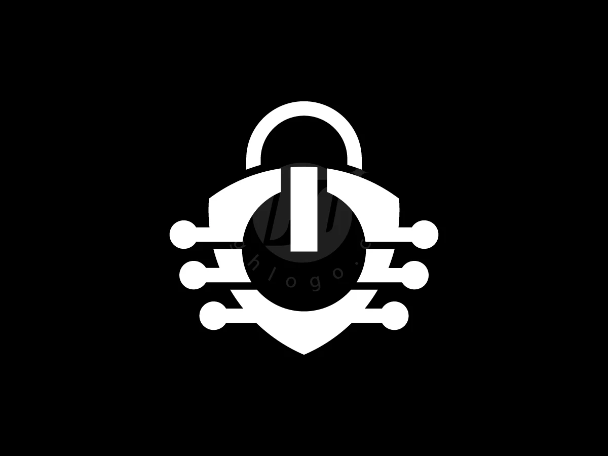 Padlock Shield With Power Button Logo, Circuit nodes extend from a white padlock shield symbol featuring a central vertical bar on a black background.