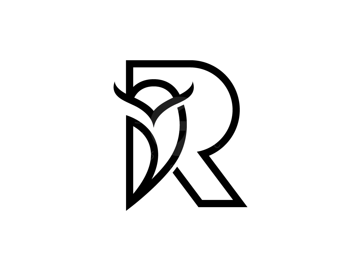 Letter R With Owl Bird Logo, Black linework forms a capital letter R seamlessly merged with a stylized owl silhouette on a white background.