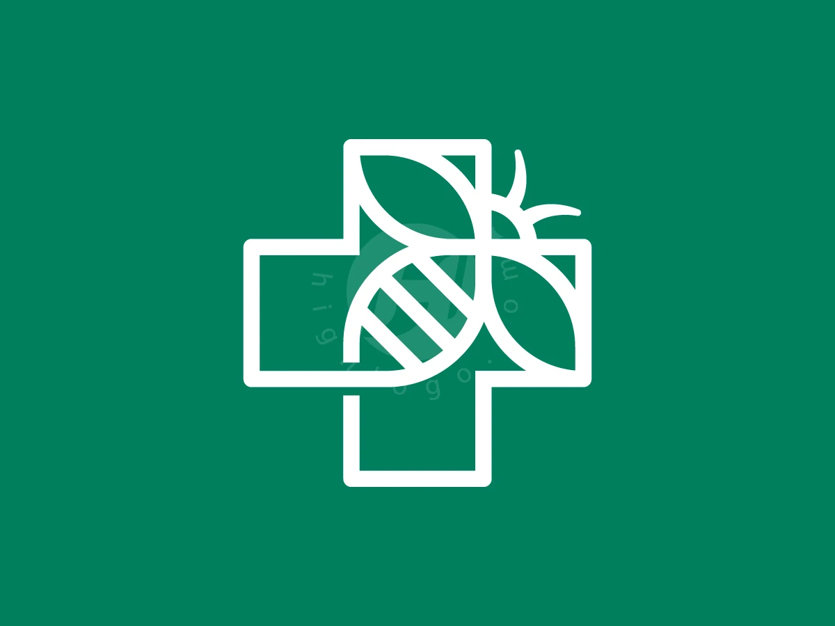 Medical Cross With Flying Bee Logo, Against a solid green background, white outlines form a stylized bee integrated with a medical cross.