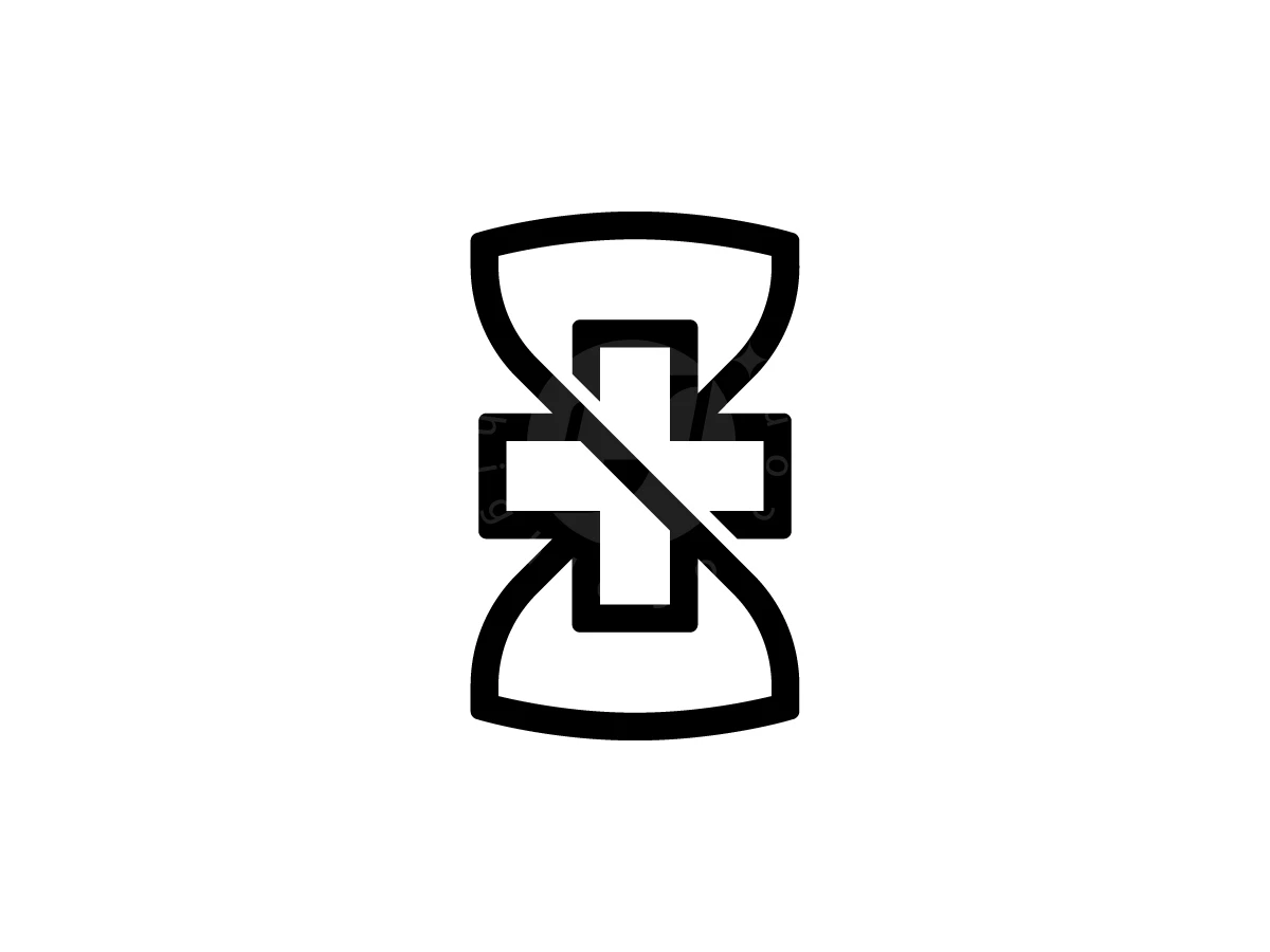 Hourglass With Medical Cross Logo, Intersecting black lines form an hourglass silhouette fused with a cross symbol on a plain white backdrop.