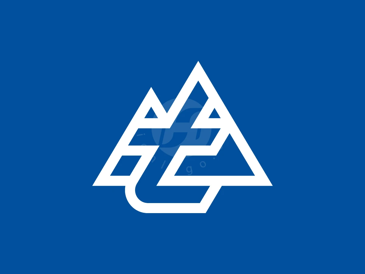 Letter T With Mountain Logo, Triangles merge into a stylized white mountain emblem with geometric letter shapes on a deep blue background.