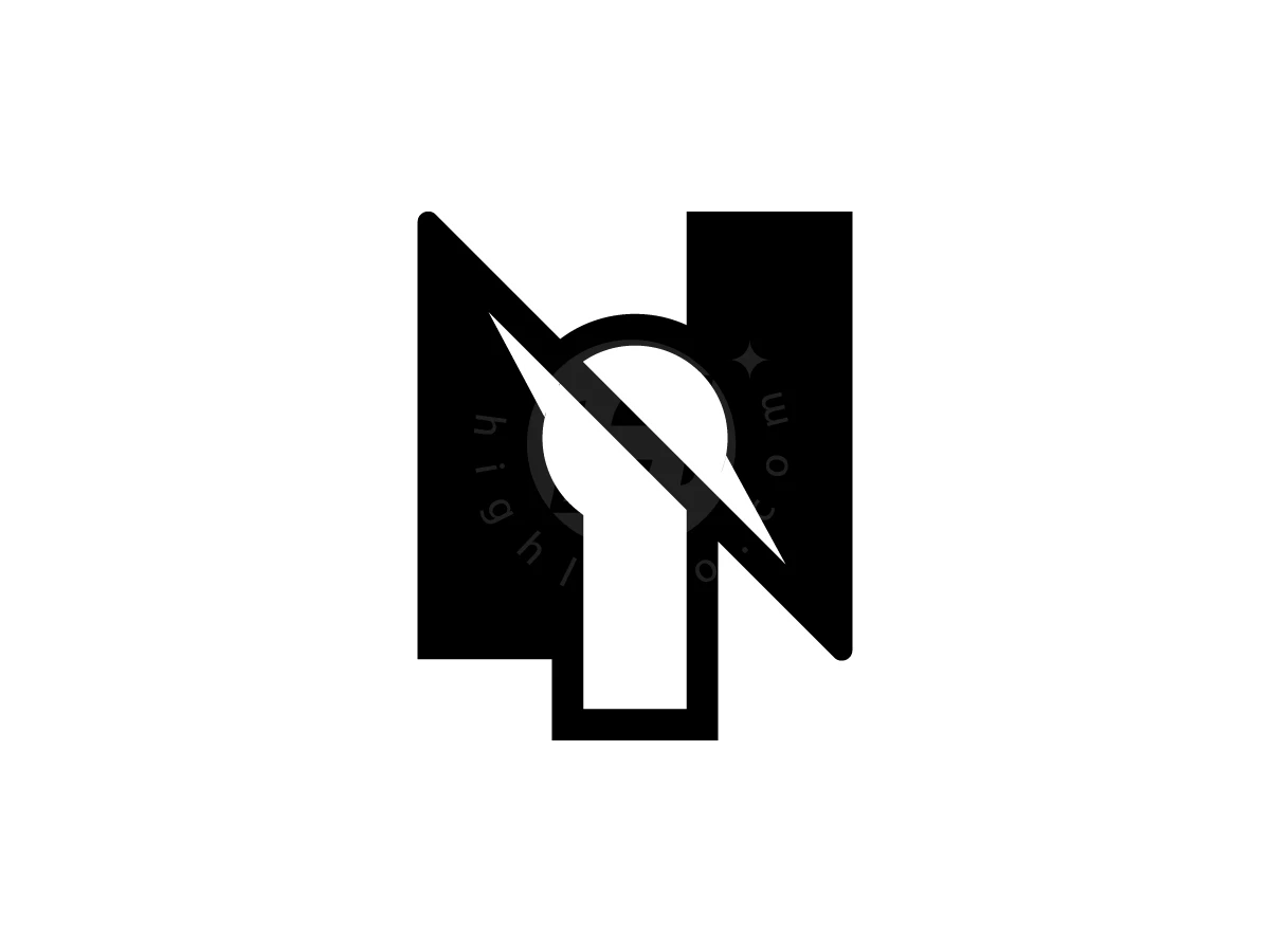 Letter N With Keyhole Logo, Black geometric letter N features a keyhole cutout and a sharp diagonal slash against a white background.