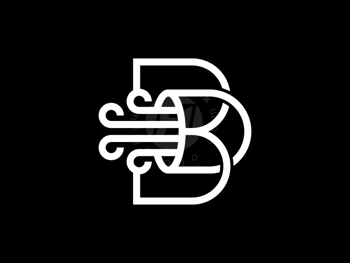 Letter B With Jellyfish Logo, Intricate white monoline graphics form a stylized letter B with flowing wind trails on a black backdrop.