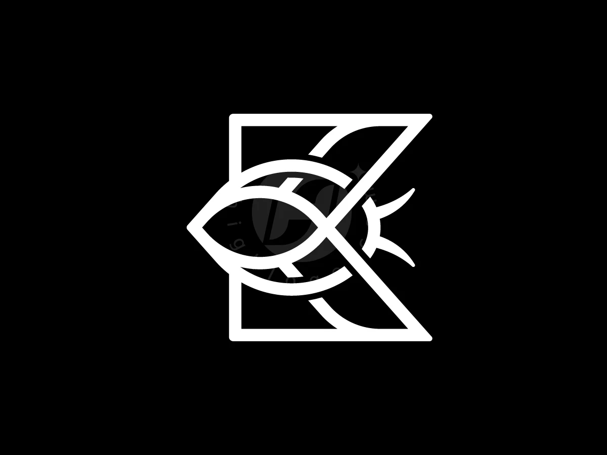 Letter K With Flying Bee Logo, Geometric white lines shape a stylized letter K merged with an eye symbol over a dark black background.