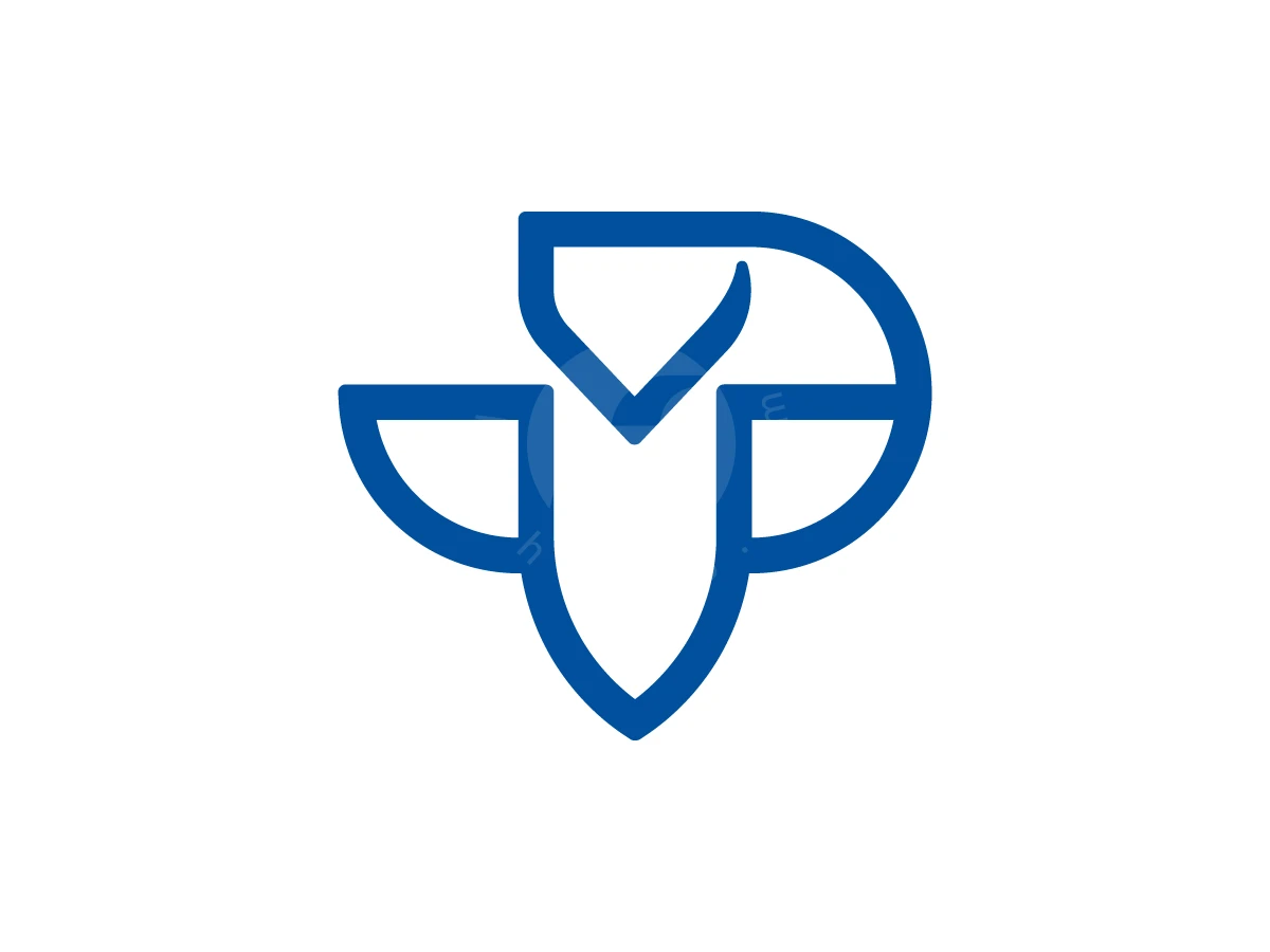 Letter P With Flying Owl Logo, Lines of bold blue form a stylized winged owl or shield symbol on a white background.
