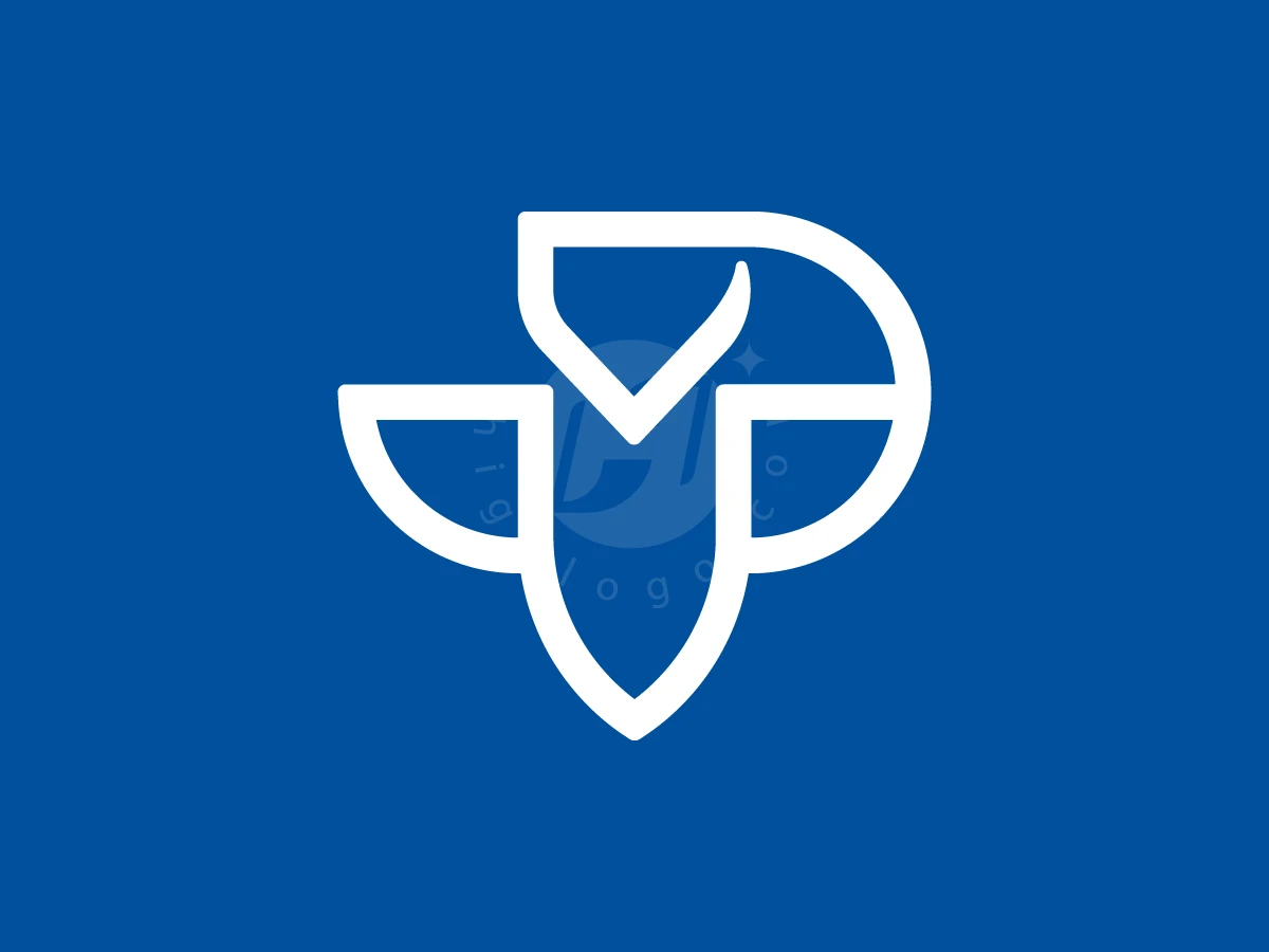 Letter P With Flying Owl Logo, Against a solid blue background, white geometric lines form a stylized bird-like shield emblem.