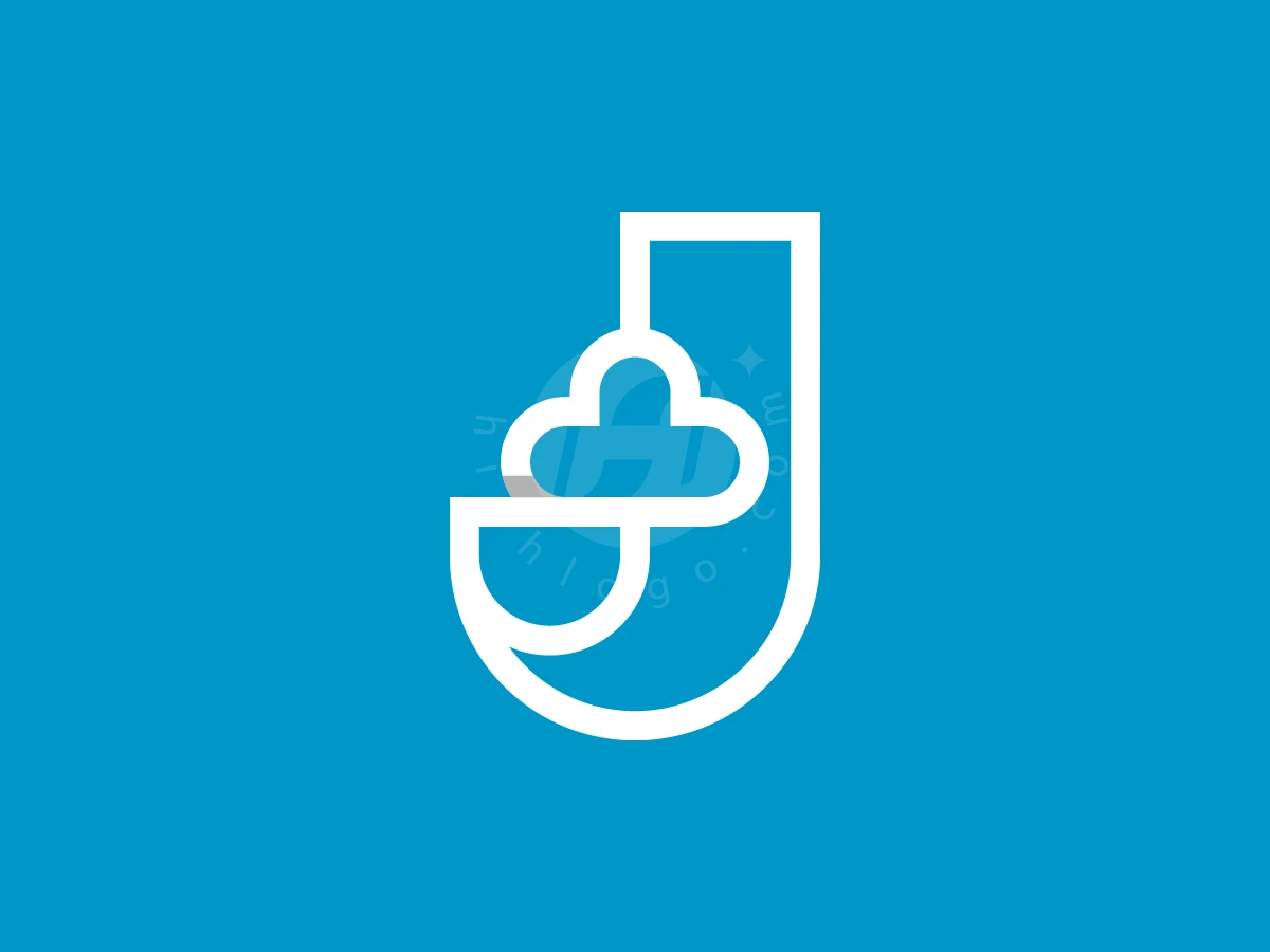 Letter J With Cloud Logo, On a bright blue background, white line art merges the letter J with a cloud shape.