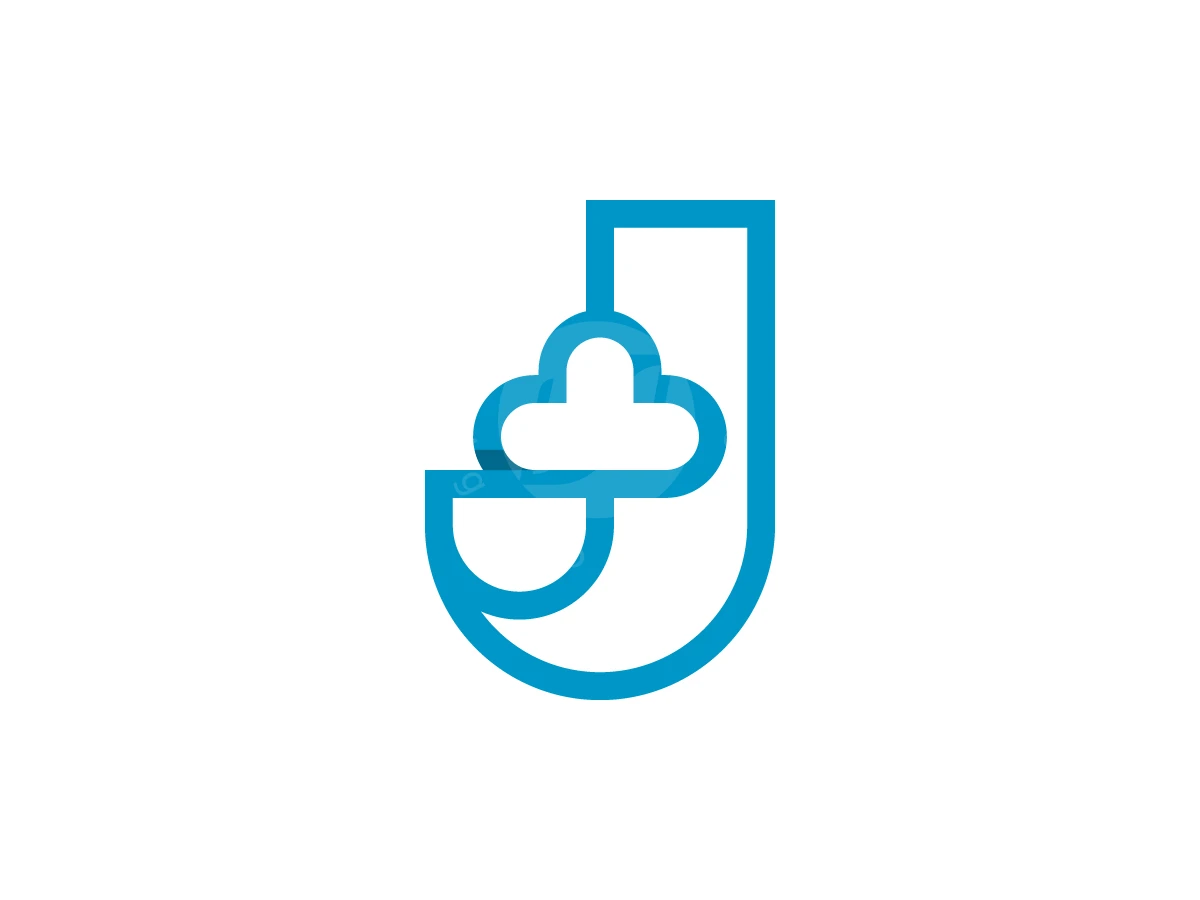 Letter J With Cloud Logo, Curves of a blue outlined letter J integrate a cloud shape against a plain white backdrop.