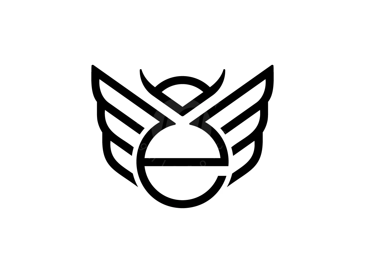 Letter E With Owl Bird Logo, On a plain white background, bold black lines shape a winged circular crest with horned antennae.