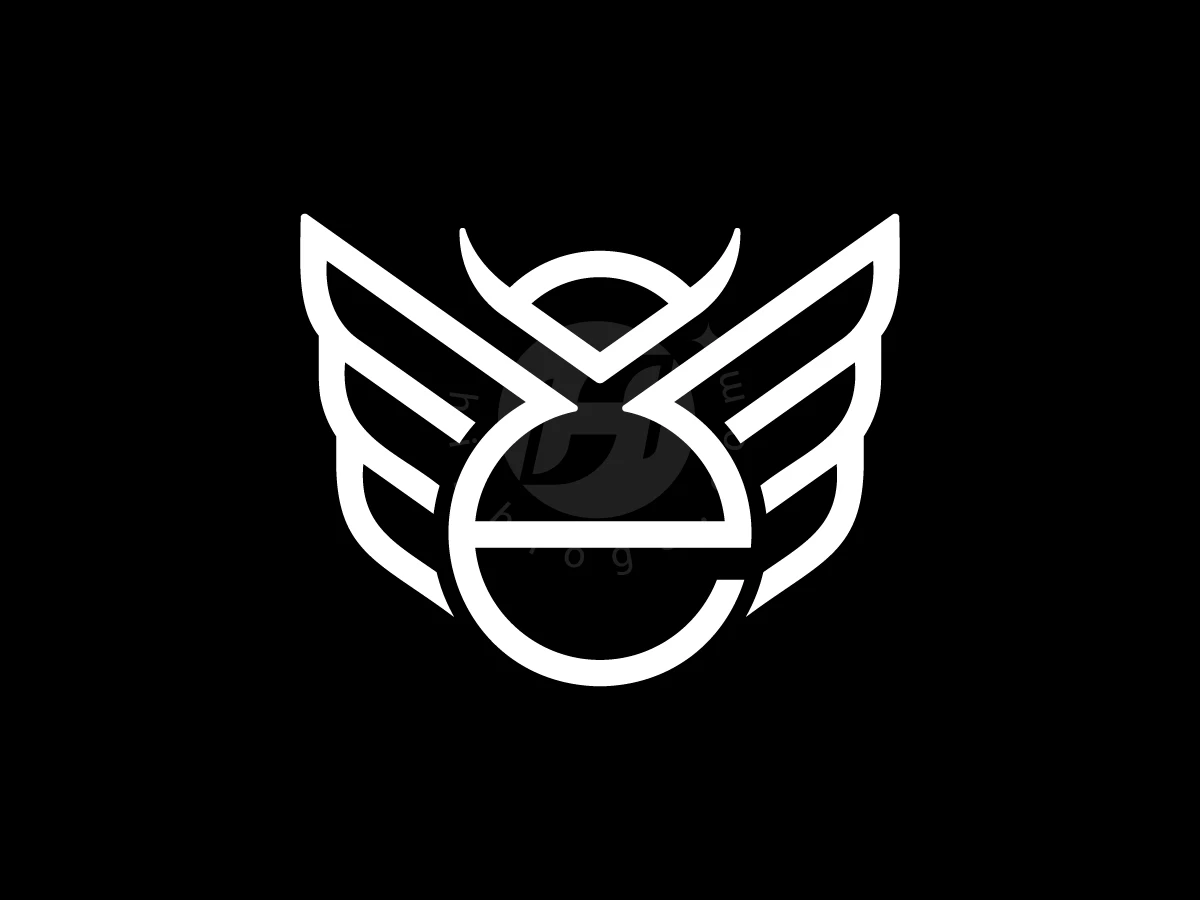 Letter E With Owl Bird Logo, White geometric lines form a symmetrical winged emblem with small horns against a solid black backdrop.