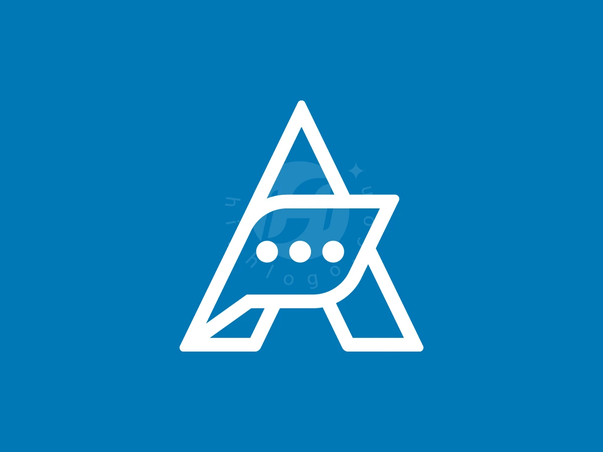 Letter A With Bubble Chat Logo, Centered on a blue backdrop, white outlined letter A seamlessly incorporates a chat bubble with three dots.