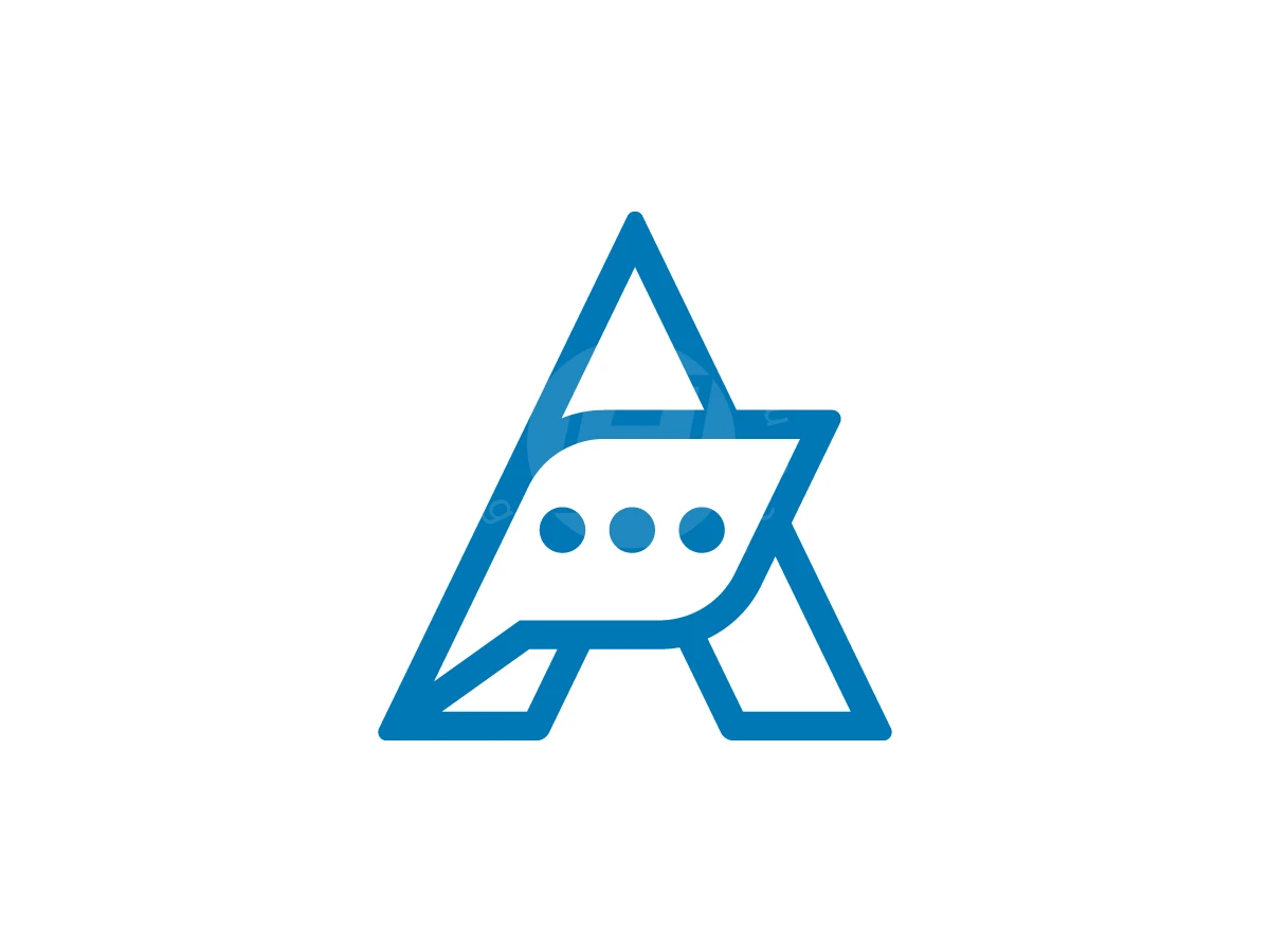 Letter A With Bubble Chat Logo, Contours of a blue letter A embed a central chat bubble with three dots on a white background.