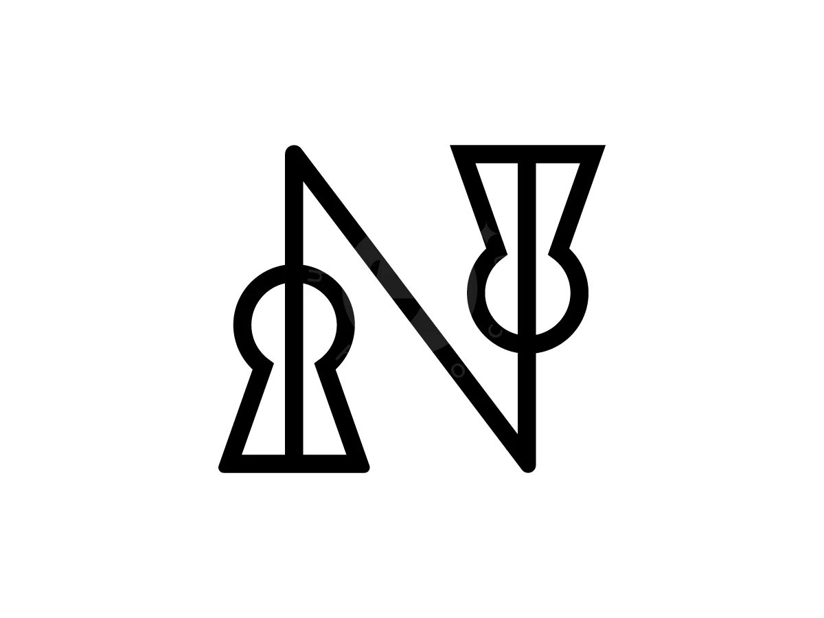 Letter N With Keyhole Logo, Black geometric lines construct a letter N integrated with keyhole shapes against a solid white background.