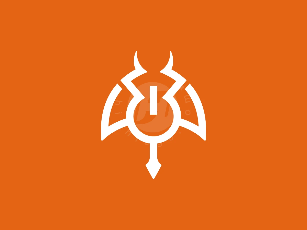Stingray With Power Button Logo, Against a solid orange background, a white linear emblem features horned shapes, curved wings, and a pointed arrow tail.