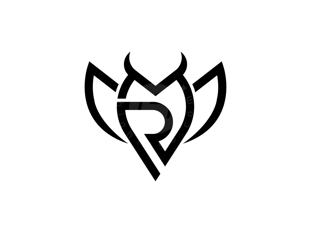 Letter R With Owl Bird Logo, Against a plain white background, bold black lines create a winged crest enclosing a stylized letter R.