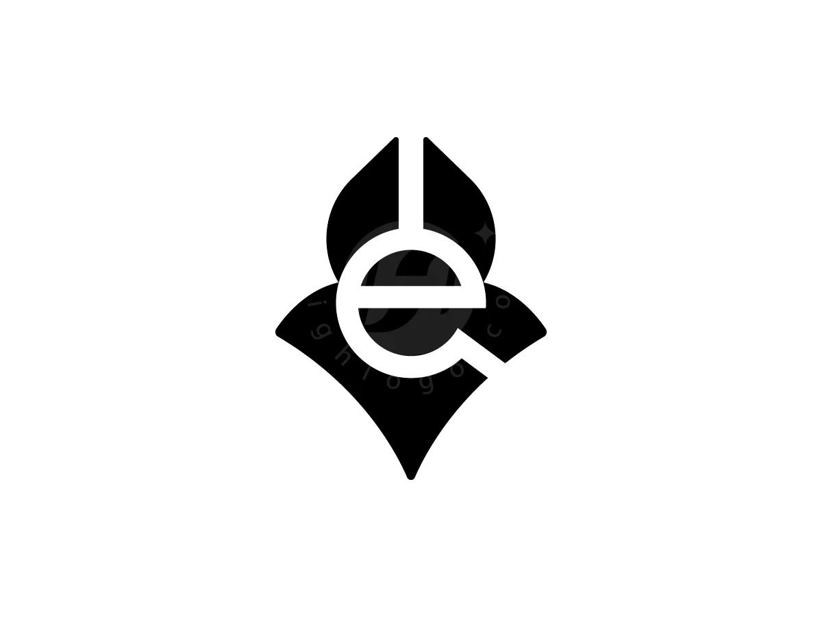 Letter E With Fox Head Logo, Centering a stylized white letter "e", a black sharp geometric petal emblem sits on a solid white backdrop.