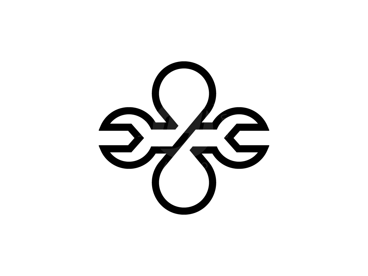 Infinity With Mechanic Wrench Logo, Black outlined wrenches extend horizontally from an interconnected vertical infinity loop against a plain white backdrop.