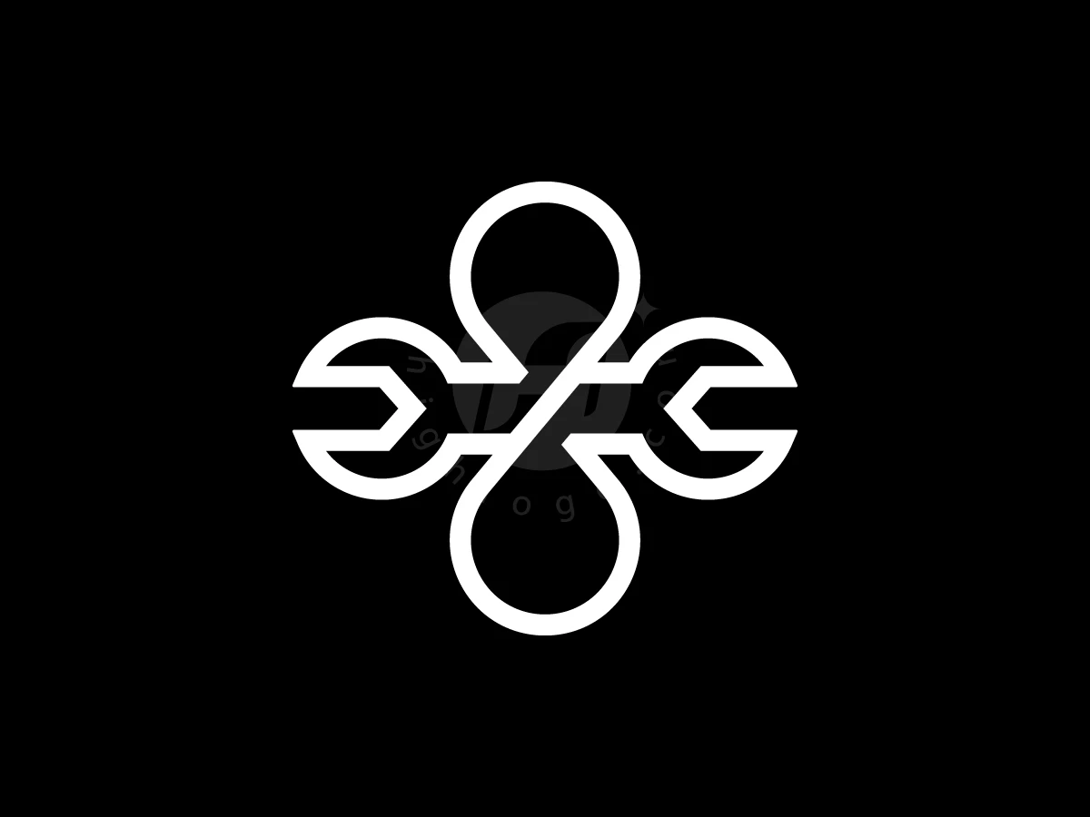 Infinity With Mechanic Wrench Logo, Interconnected white outlines depict horizontal wrenches fused with vertical teardrop loops against a solid black background.