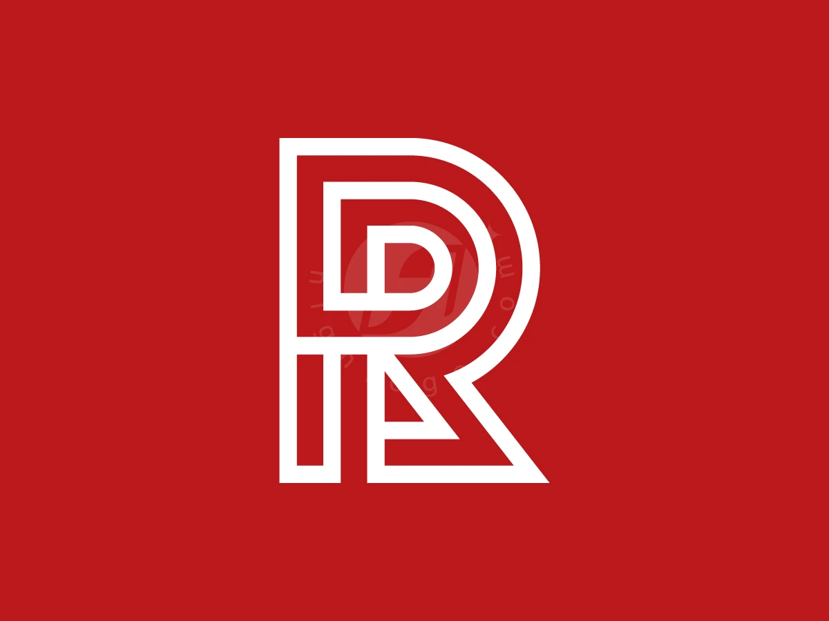 Initial Letter RP Or PR Logo, Centered on a bold red background, white geometric lines form an interlocking letter R and D monogram.