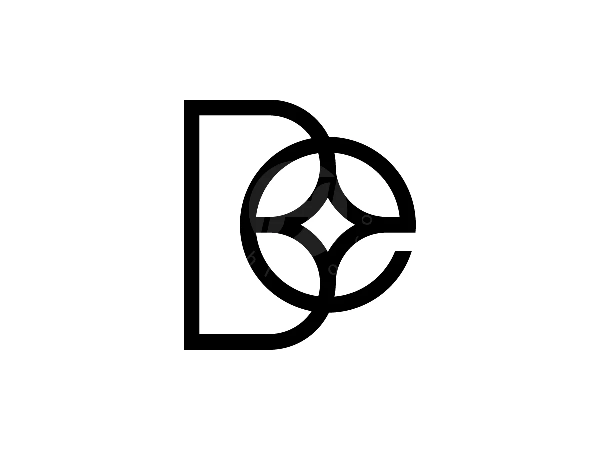 Initial Letter BE Or EB Logo, Interlocking black linework creates a capital letter D intertwined with a circular star emblem on a solid white background.