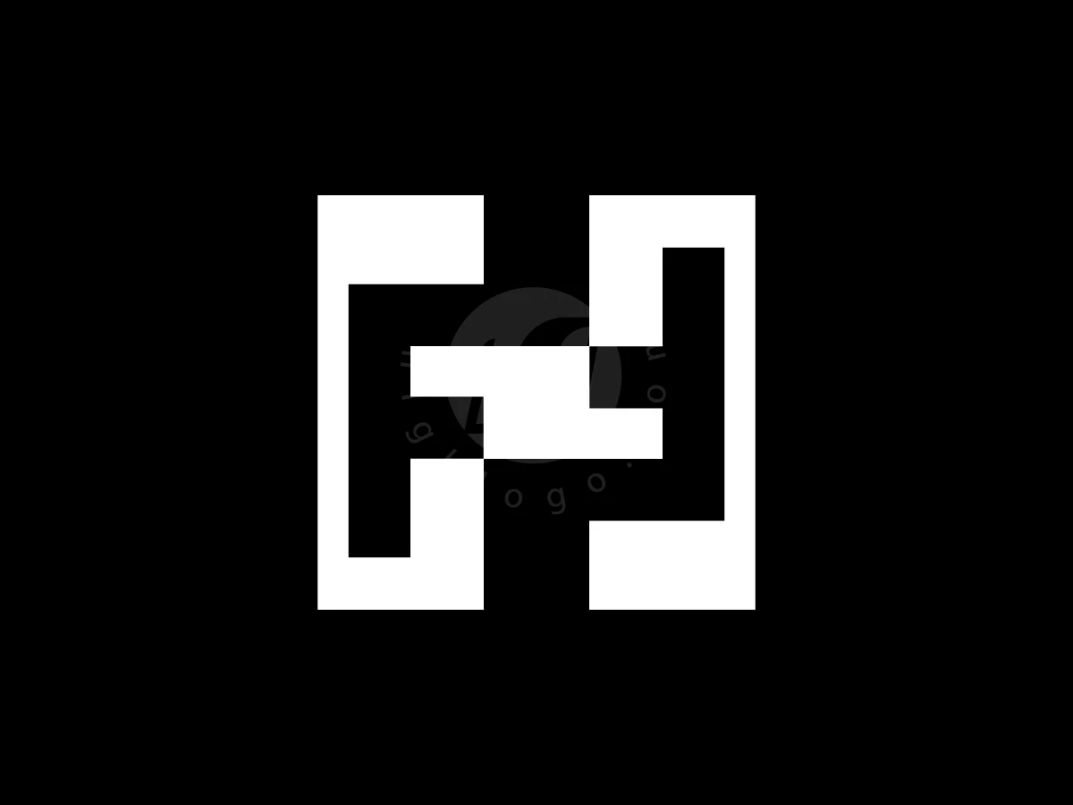 Initial Letter HF Or FH Logo, Interlocking white geometric shapes form a stylized letter monogram with sharp cutouts on a solid black background.