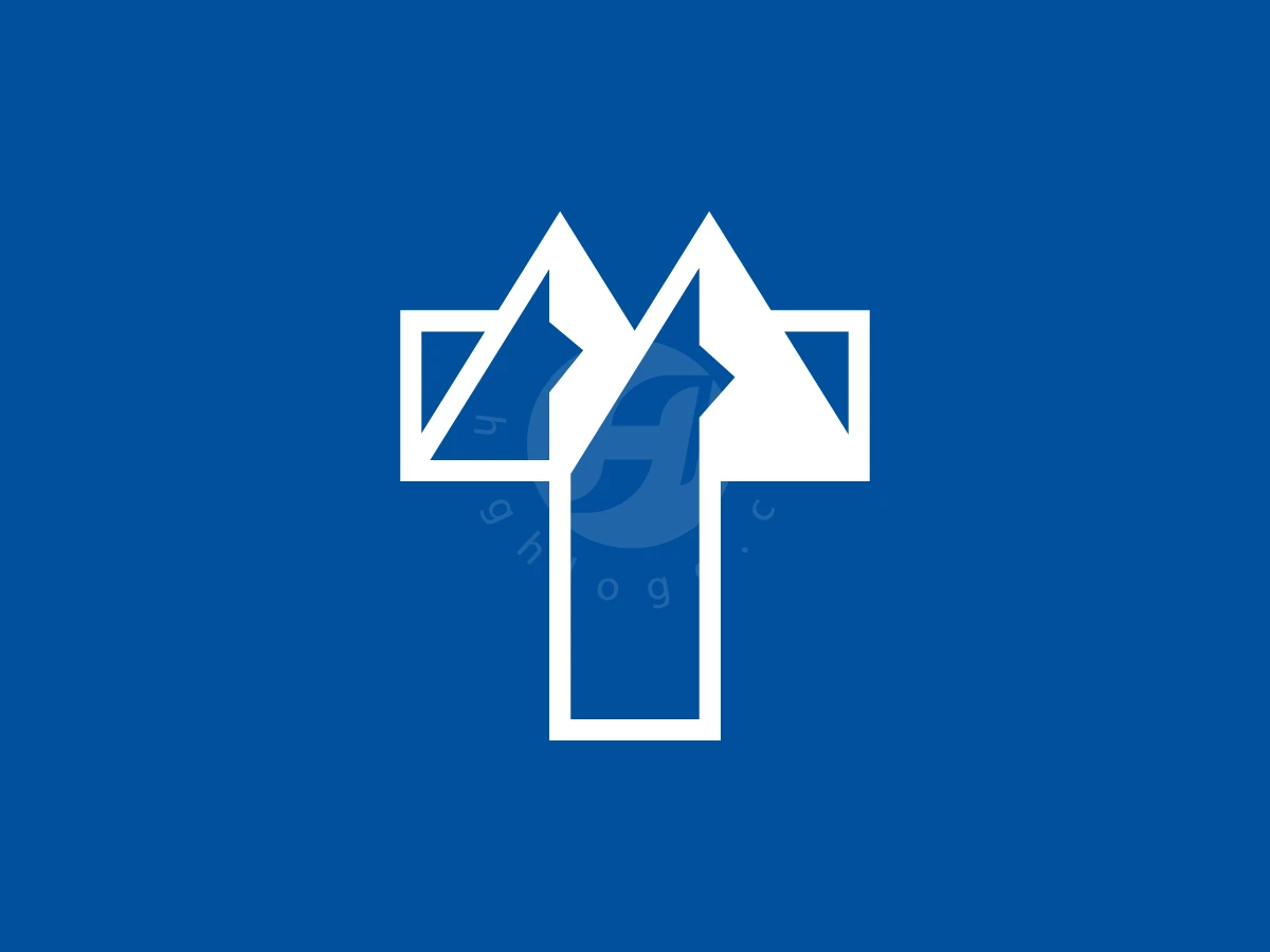 Letter T With Mountain Logo, Geometric white mountain peaks integrate into a stylized letter T against a solid blue background.
