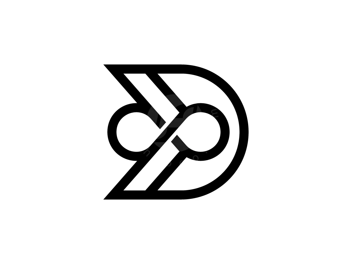 Letter D With Infinity Logo, Interlocking black geometric lines create a stylized letter D merged with an infinity loop against white.