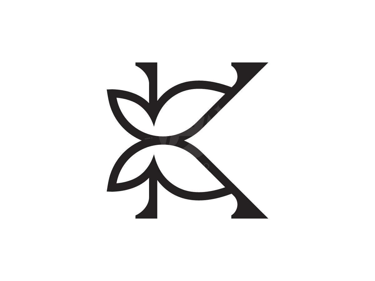 The Letter K Logo With A Flying Butterfly In The Middle, Letter K combines serif typography with butterfly wings and leaf silhouettes in bold black on white.