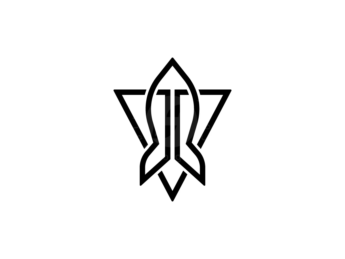 V Letter Logo With A Rocket Inside, Interlocking black lines create a symmetrical rocket and triangle emblem centered on a plain white background.