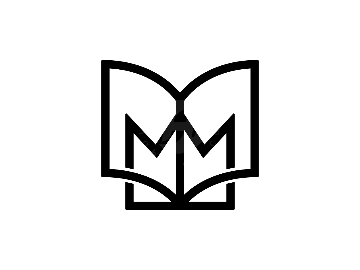 Open Book Logo With Luxurious Crown, Linework in solid black forms an open book seamlessly merged with the letter M on white.