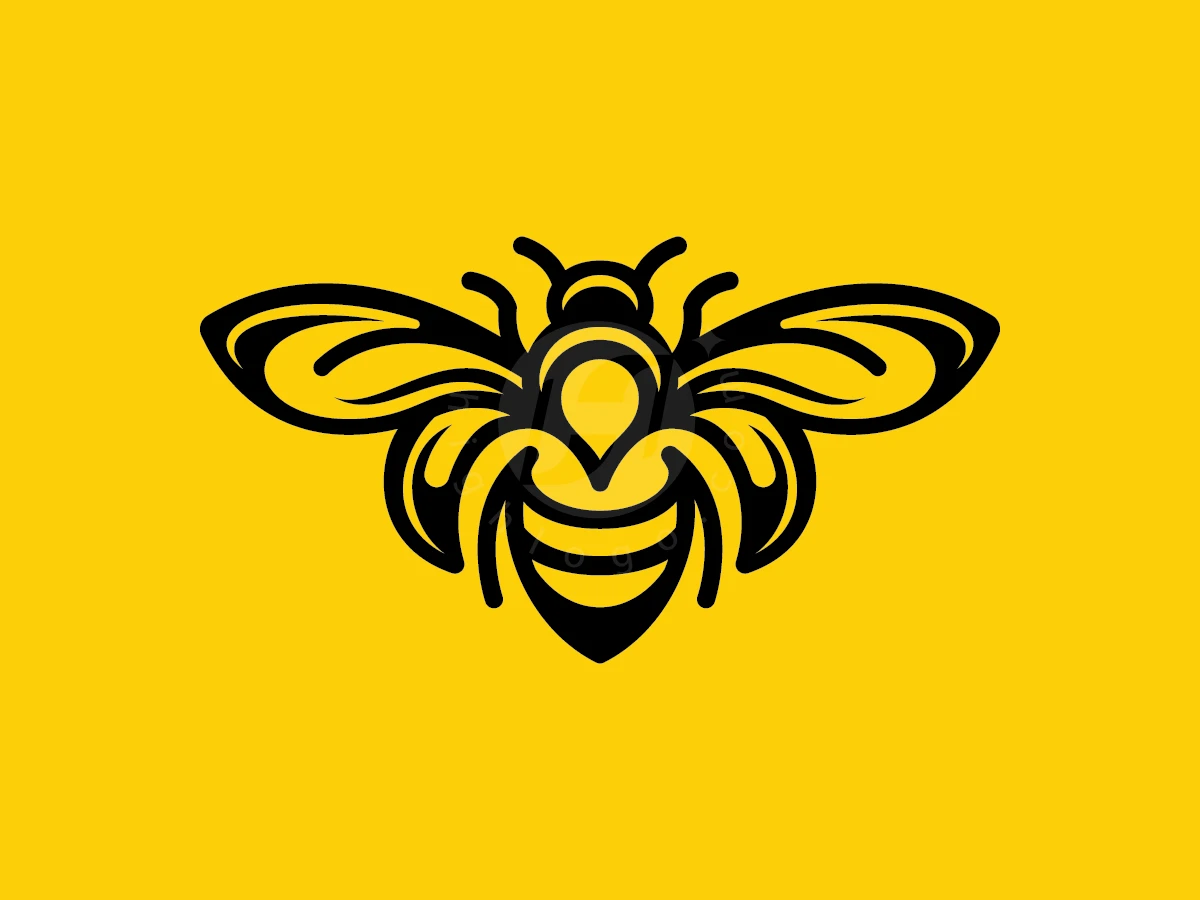 Featuring a black honeybee with leaf-shaped wings, this organic bee wellness nature logo appears on a yellow background.