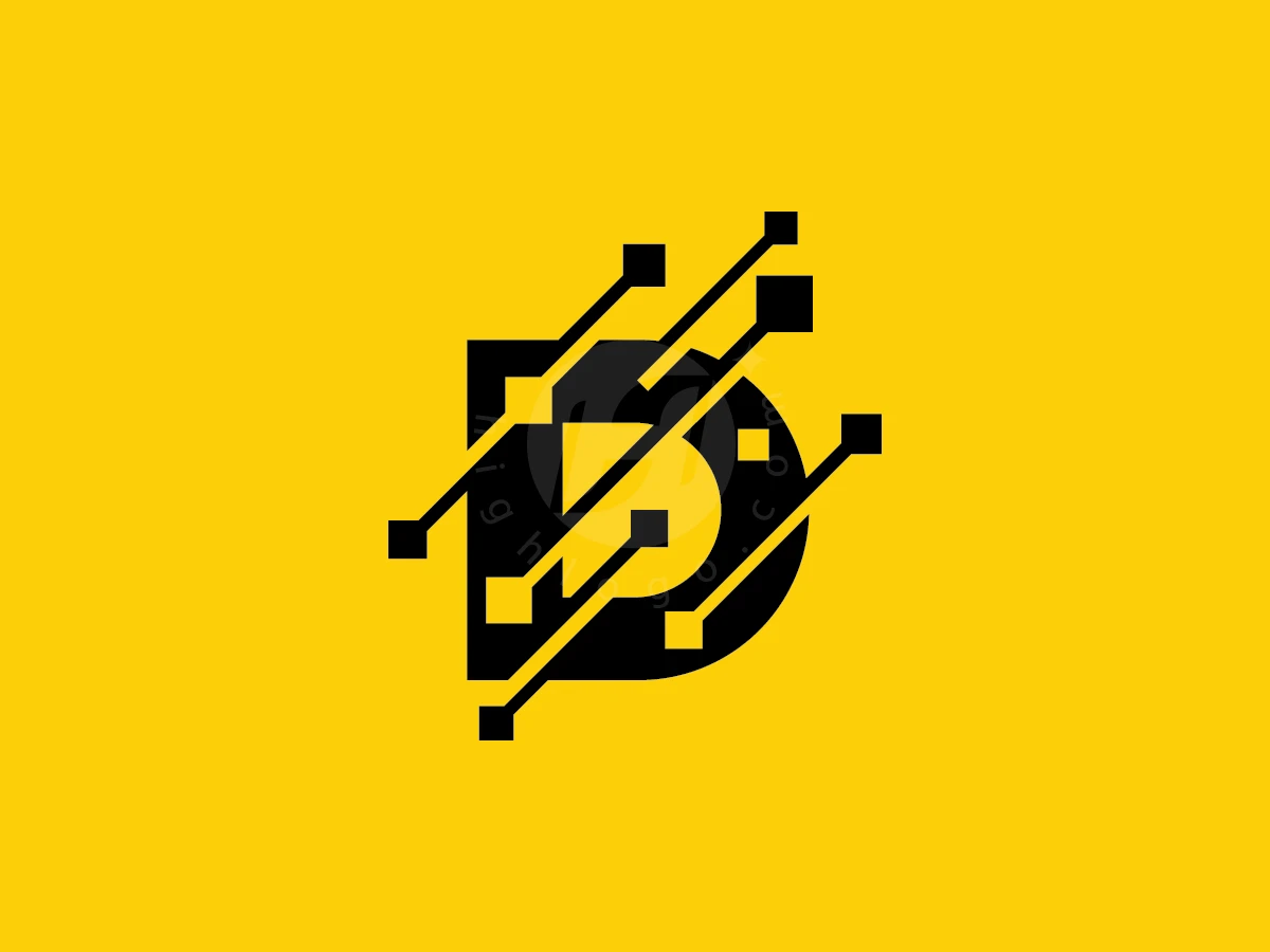 Lines of circuitry and square nodes intersect a black letter D tech logo on a bright yellow background.