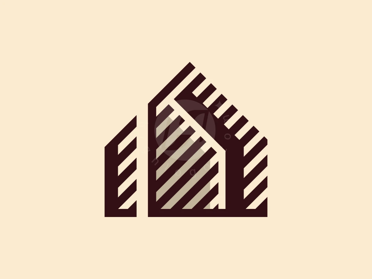 Stripes in dark brown form a geometric house silhouette for this modern architecture logo on a cream background.