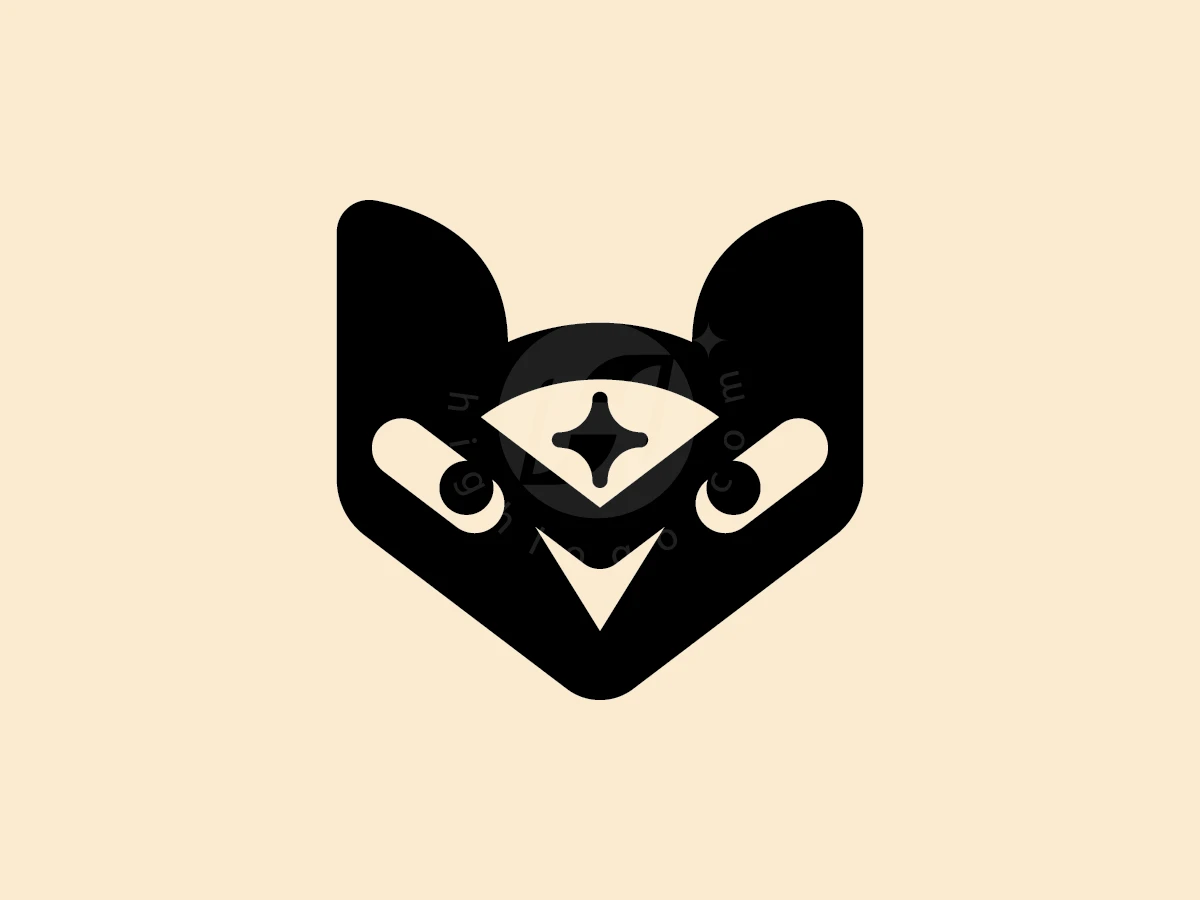Geometric black shapes form a cute cat head logo featuring a star emblem on a cream background.