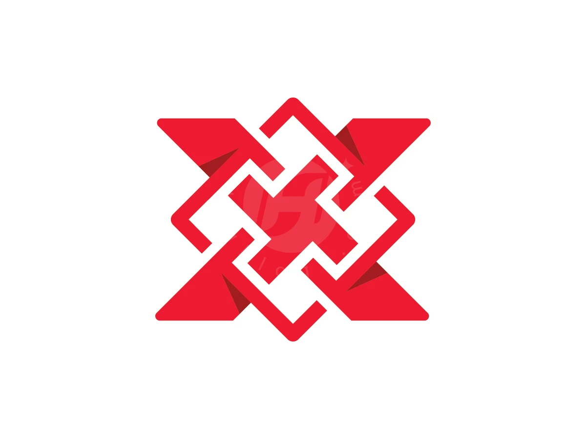 Red geometric ribbons interlock to form a structural letter X logo with a modern tech aesthetic.