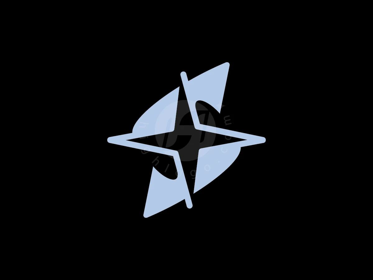 Letter S Monogram And Starlight Negative Space Logo, Four-pointed light blue star with sharp edges and a diagonal split sits centered on a solid black background.