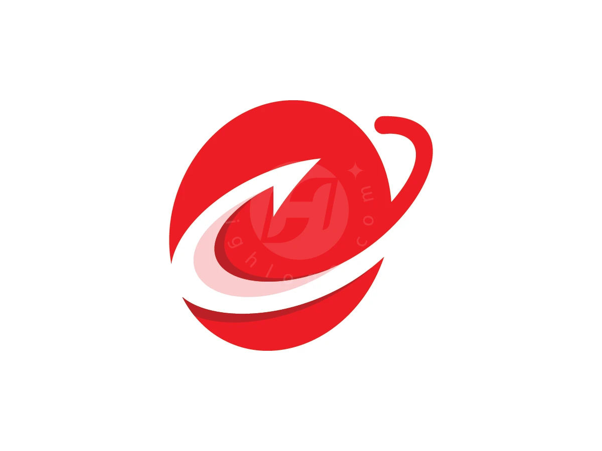 Modern Letter C And  Fishing Hook Logo, Against a white background, a bold red circular emblem is wrapped by a dynamic white hook-shaped swoosh.