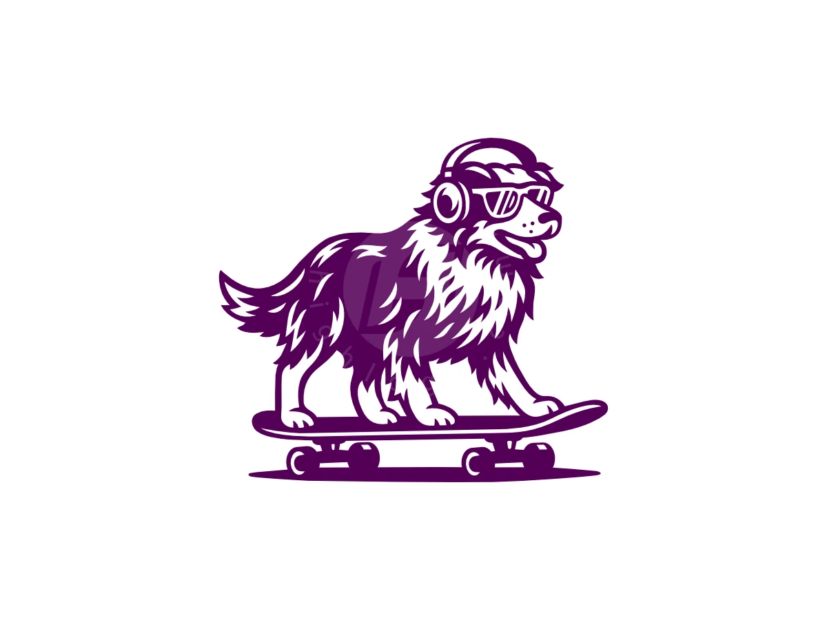 Sporting headphones and sunglasses, a purple cartoon dog rides a skateboard in this stylized mascot logo.