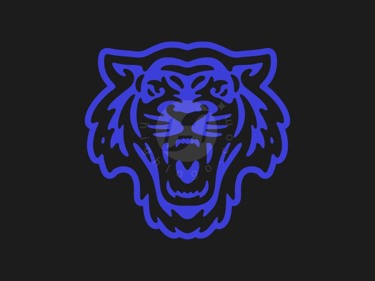 Electric blue lines form a roaring water tiger logo, featuring stylized, fluid shapes on a dark background.