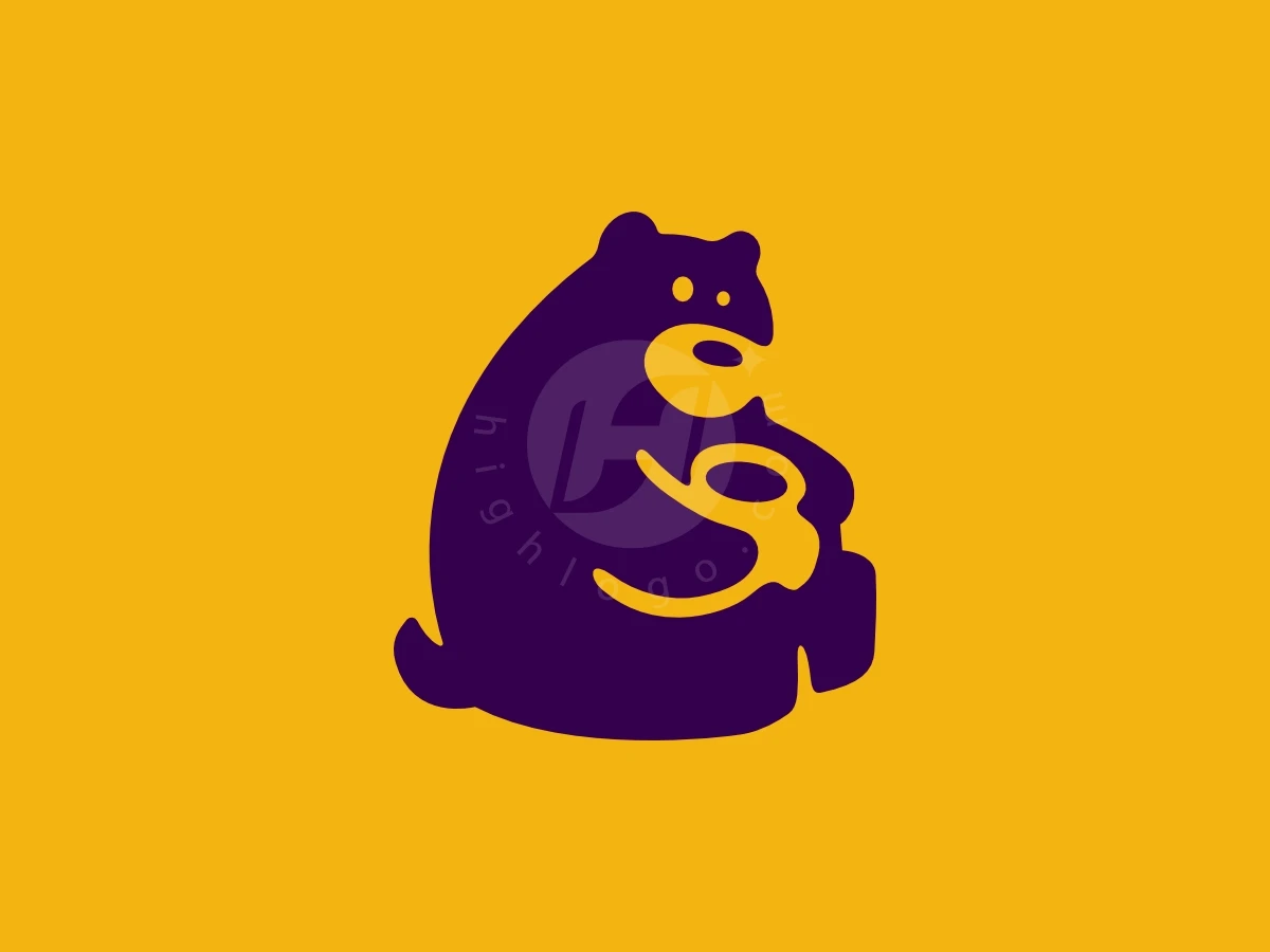 Against a yellow backdrop, this purple bear logo uses negative space to illustrate a honey dipper shape.