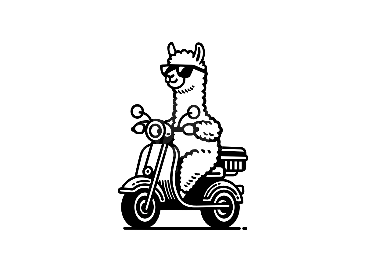 Delivery Lama Driver Logo, Llama wearing sunglasses rides a vintage motor scooter, depicted with clean black outlines on a white background.