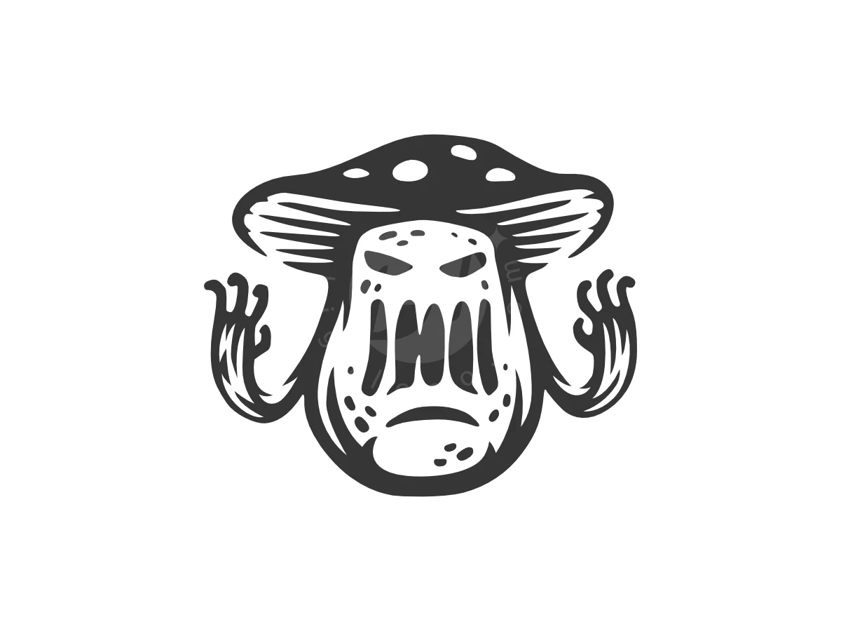 Mushroom Monster Cool Logo, Mushroom monster with jagged teeth, clawed hands, and a spotted cap is illustrated in bold black and white.