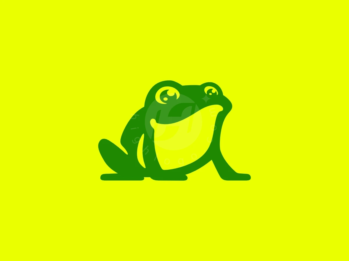 Frog Cute Cartoon Logo, Against a solid yellow background, a stylized green frog with large eyes and a yellow chest sits quietly.