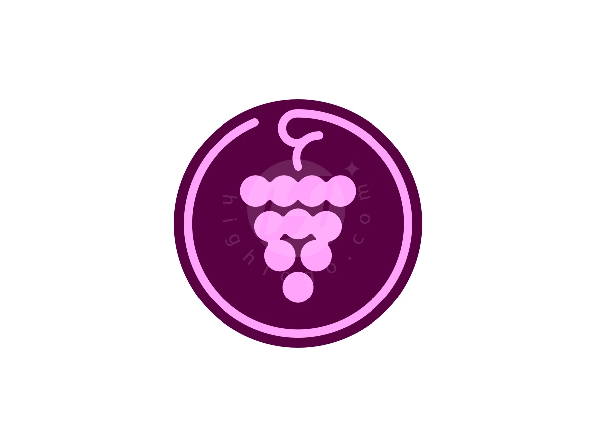 Grape Lion Wine Logo, Purple circular emblem features a stylized pink grape cluster with a curly vine stem on a white background.