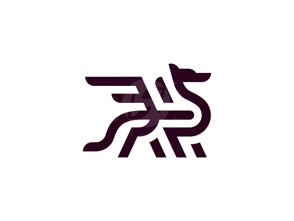 Dragon Minimalistic Line Logo, Interconnecting dark purple geometric lines create a stylized winged creature resembling a griffin against a plain white background.