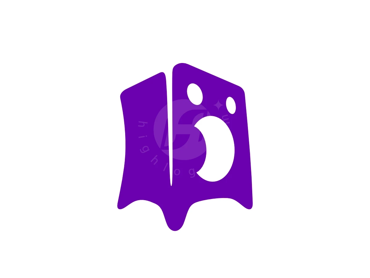 Wow Speaker Sound Mascot Logo, Folded purple shape resembling a stylized washing machine features white circular cutouts against a stark white background.