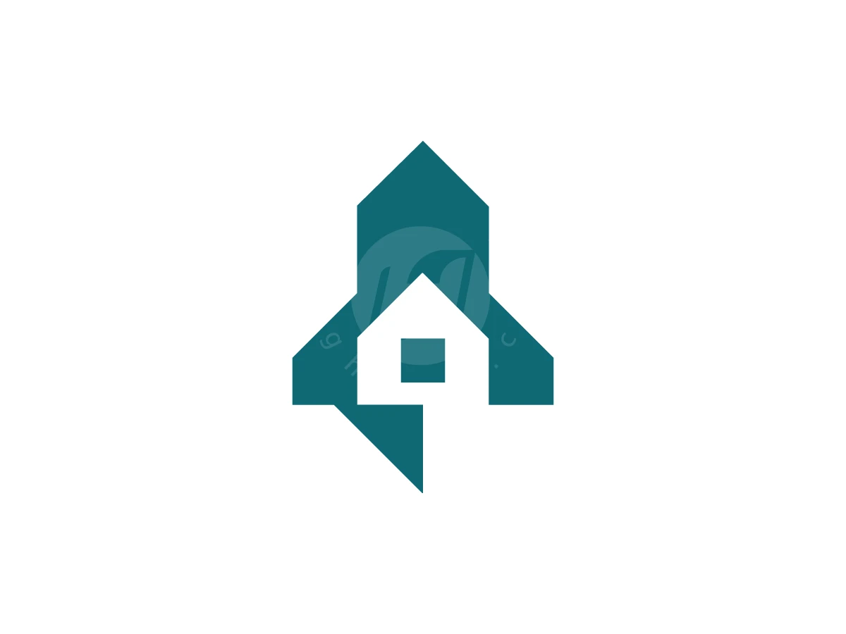 Rocket silhouette in teal contains a white house with a square window for this geometric Rocket Home logo.