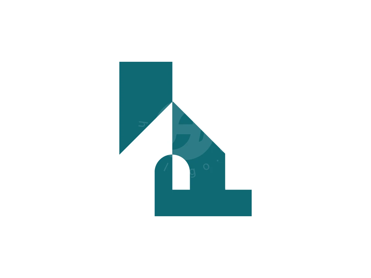 Featuring an arched doorway, this dark teal L House logo combines geometric shapes into a stylized house silhouette.