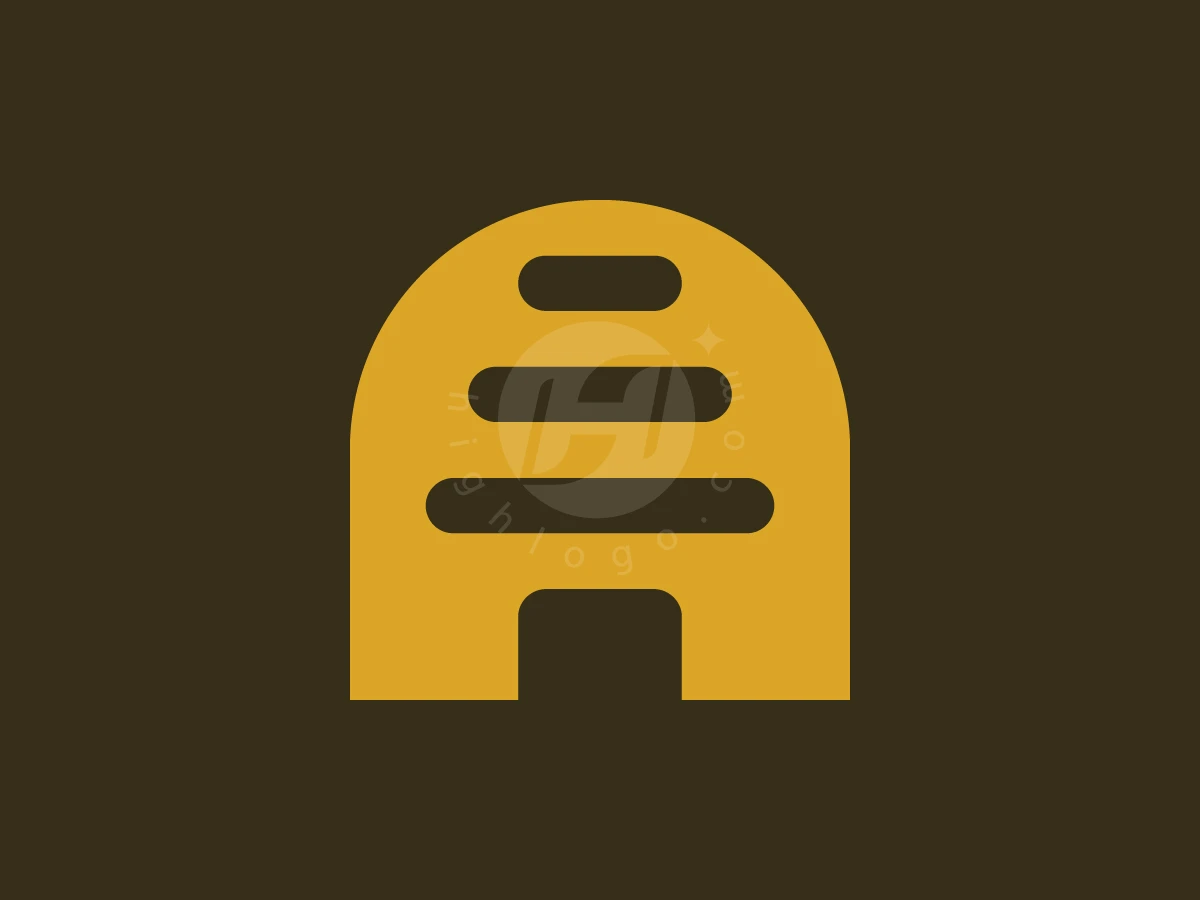 Shaped like a beehive, this yellow letter A honeycomb logo features horizontal cutouts on a dark brown background.